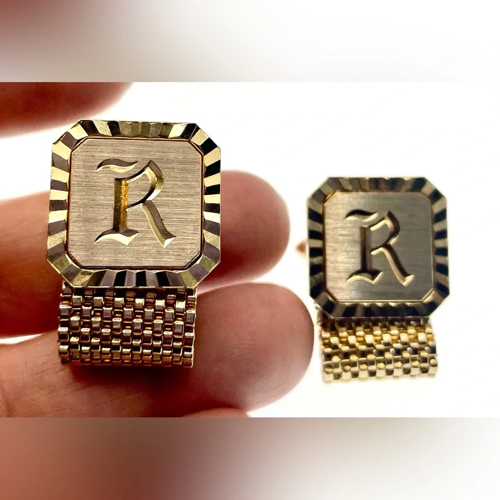 Vintage Cufflinks Wraparound Chain Mesh Monogram R Letter Gold Tone Signed 70s